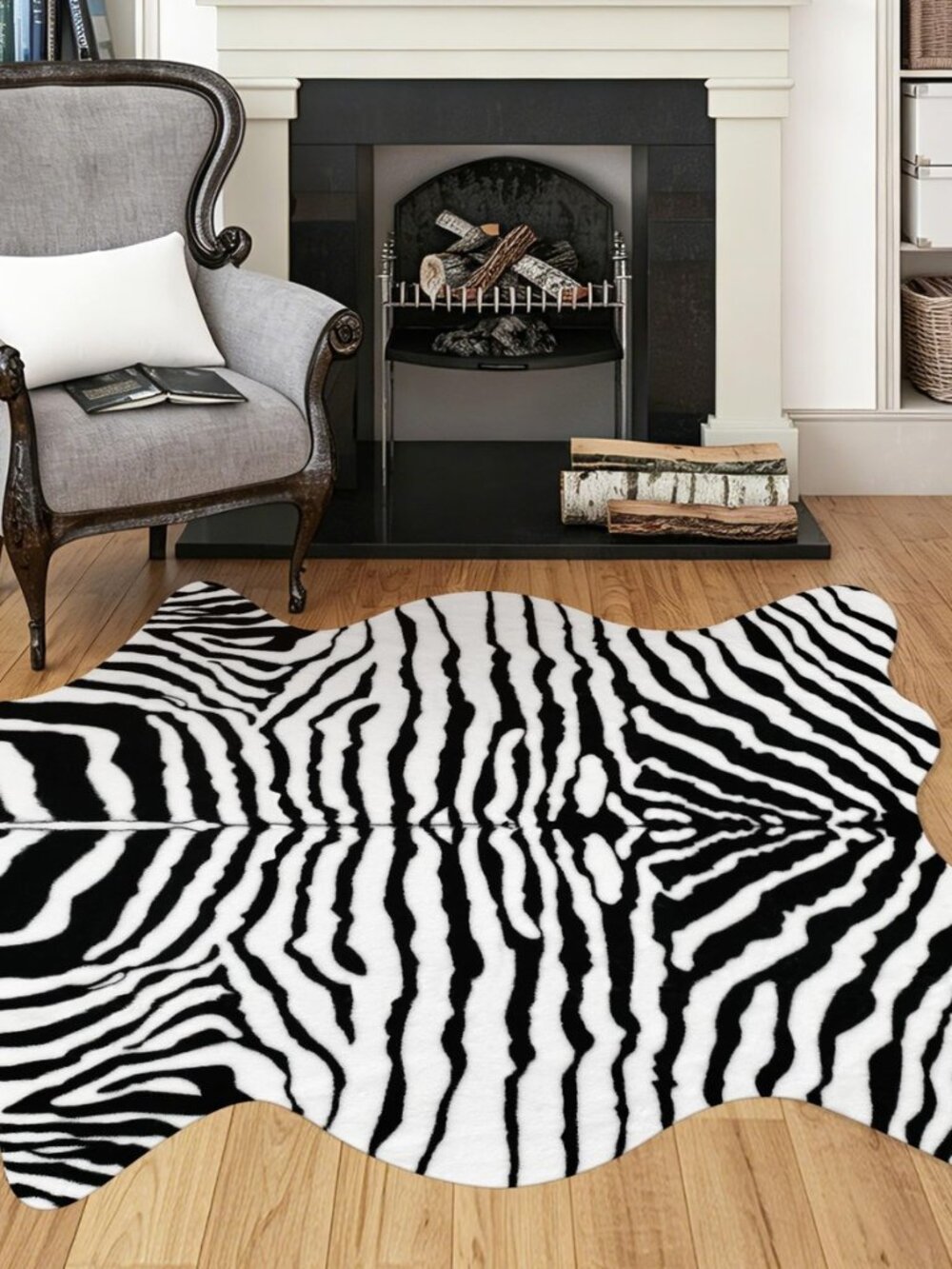 4.6x5.2Ft Zebra Print Faux Fur Rug Black and White Western Carpet